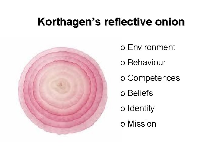 Korthagen’s reflective onion o Environment o Behaviour o Competences o Beliefs o Identity o