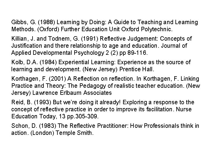 Gibbs, G. (1988) Learning by Doing: A Guide to Teaching and Learning Methods. (Oxford)