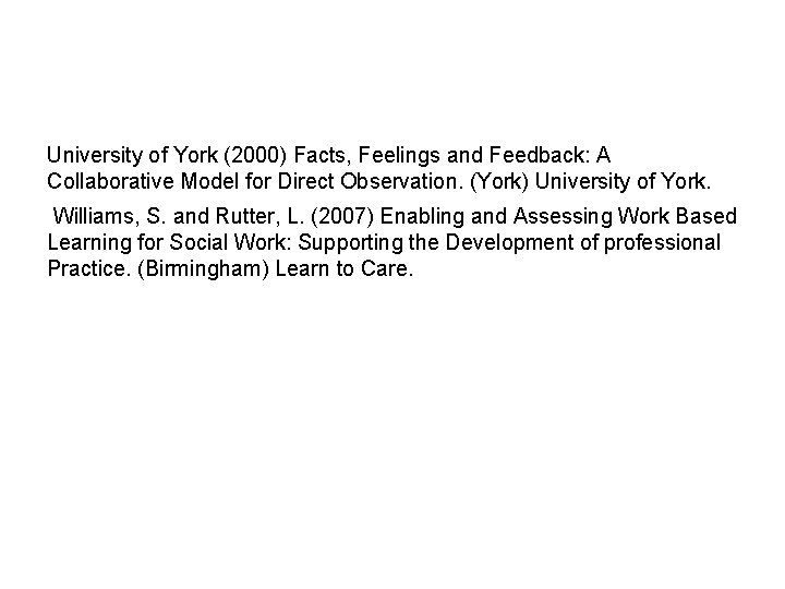 University of York (2000) Facts, Feelings and Feedback: A Collaborative Model for Direct Observation.