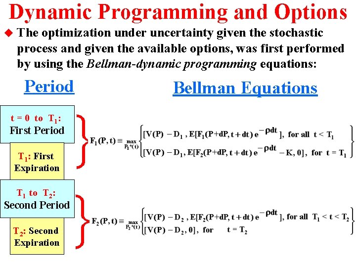 Dynamic Programming and Options u The optimization under uncertainty given the stochastic process and