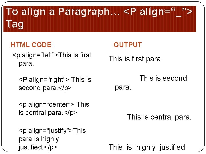 To align a Paragraph… <P align=“_”> Tag HTML CODE <p align=“left”>This is first para.