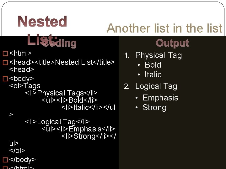 Another list in the list Coding � <html> � <head><title>Nested List</title> <head> � <body>