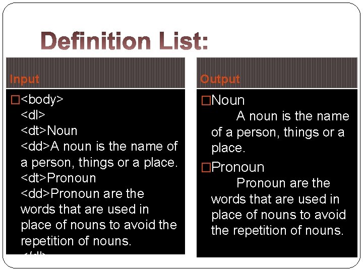 Input Output �<body> �Noun <dl> <dt>Noun <dd>A noun is the name of a person,