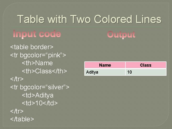 Table with Two Colored Lines <table border> <tr bgcolor=“pink”> <th>Name <th>Class</th> </tr> <tr bgcolor=“silver”>