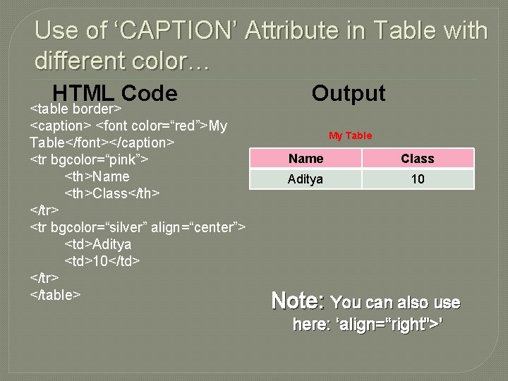 Use of ‘CAPTION’ Attribute in Table with different color… HTML Code <table border> <caption>