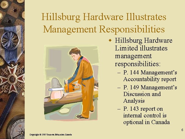 Hillsburg Hardware Illustrates Management Responsibilities w Hillsburg Hardware Limited illustrates management responsibilities: – P.