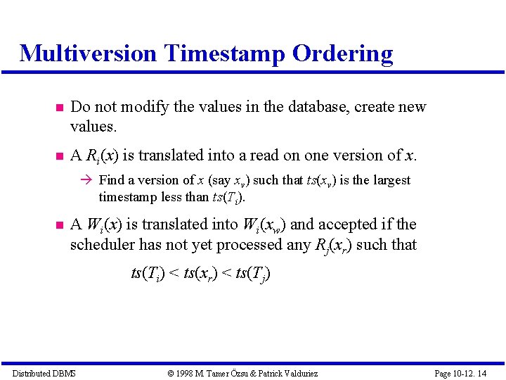 Multiversion Timestamp Ordering Do not modify the values in the database, create new values.