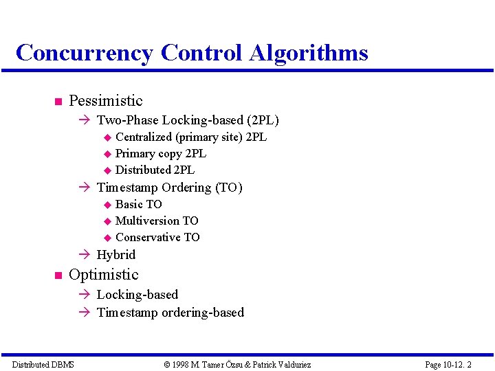 Concurrency Control Algorithms Pessimistic Two-Phase Locking-based (2 PL) Centralized (primary site) 2 PL Primary