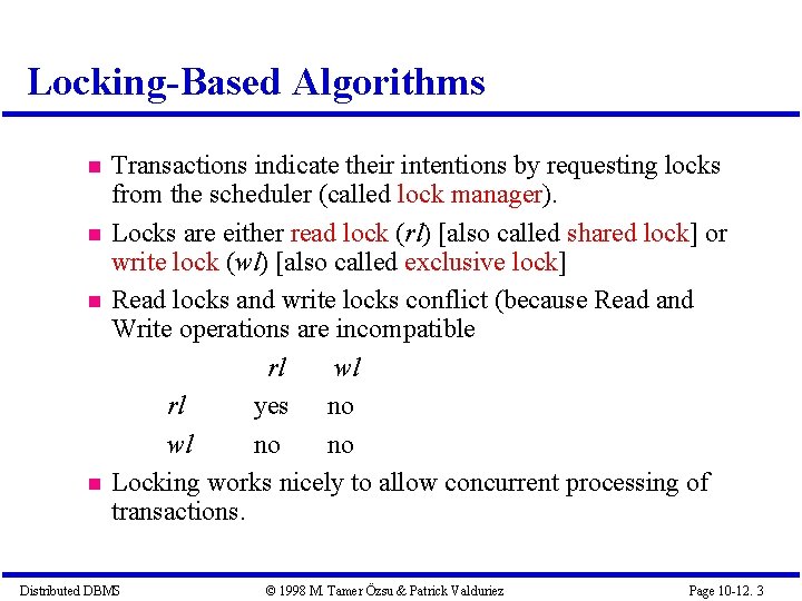 Locking-Based Algorithms Transactions indicate their intentions by requesting locks from the scheduler (called lock