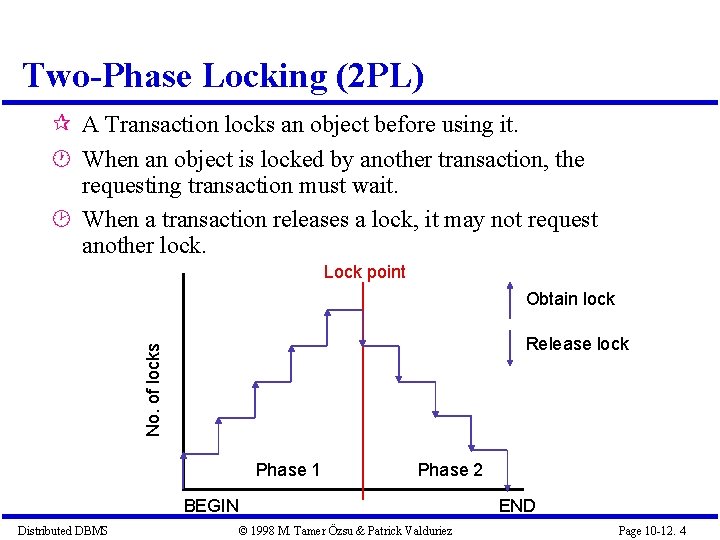 Two-Phase Locking (2 PL) A Transaction locks an object before using it. When an