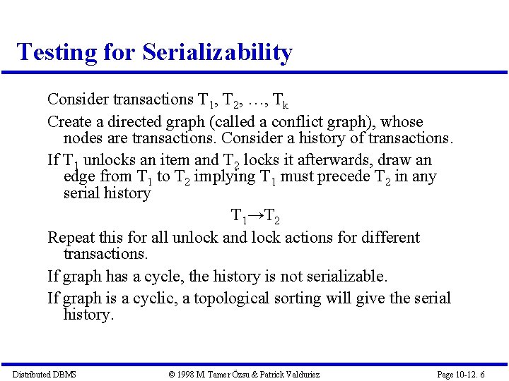 Testing for Serializability Consider transactions T 1, T 2, …, Tk Create a directed