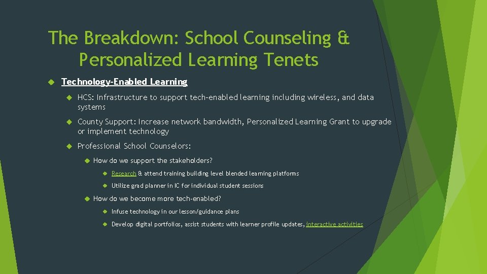 The Breakdown: School Counseling & Personalized Learning Tenets Technology-Enabled Learning HCS: Infrastructure to support