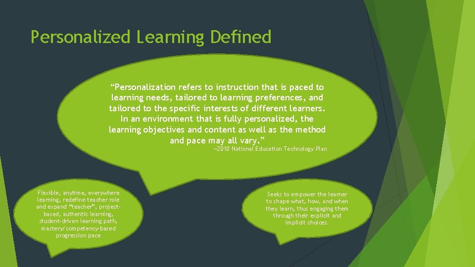 Personalized Learning Defined “Personalization refers to instruction that is paced to learning needs, tailored