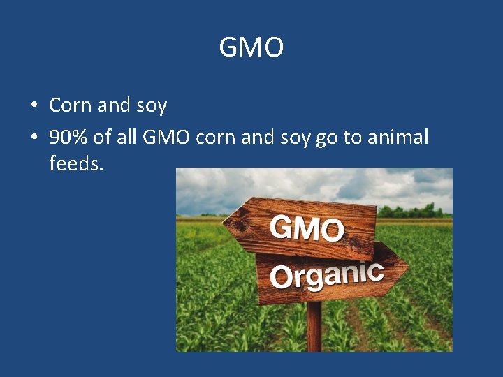 GMO • Corn and soy • 90% of all GMO corn and soy go