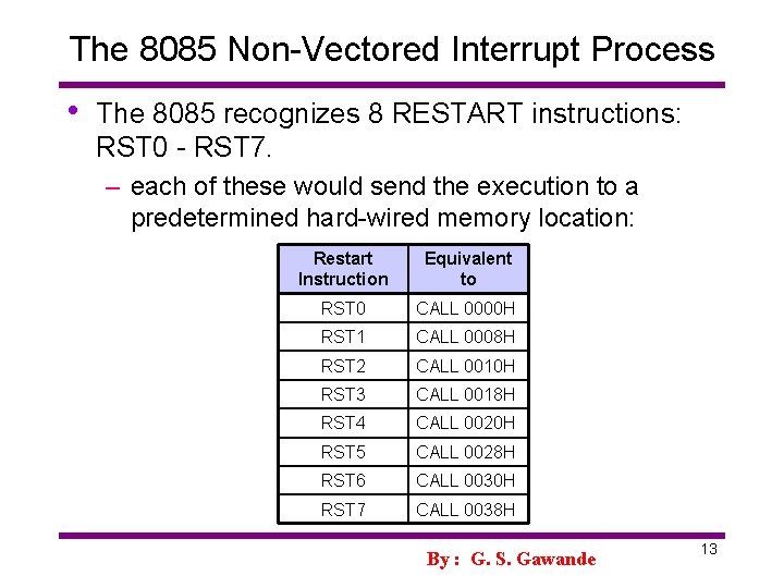 The 8085 Non-Vectored Interrupt Process • The 8085 recognizes 8 RESTART instructions: RST 0