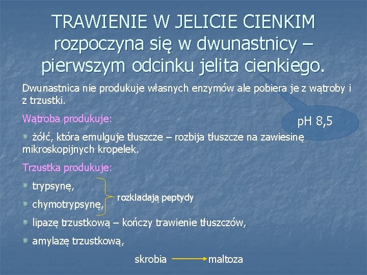 TRAWIENIE W JELICIE CIENKIM rozpoczyna się w dwunastnicy – pierwszym odcinku jelita cienkiego. Dwunastnica