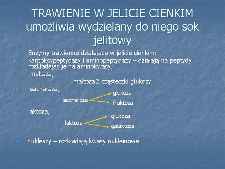 TRAWIENIE W JELICIE CIENKIM umożliwia wydzielany do niego sok jelitowy 1. 2. 3. Enzymy