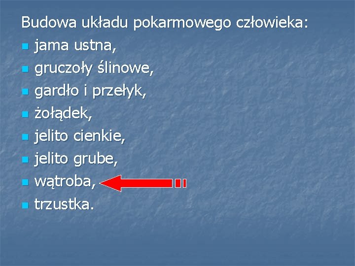 Budowa układu pokarmowego człowieka: n jama ustna, n gruczoły ślinowe, n gardło i przełyk,