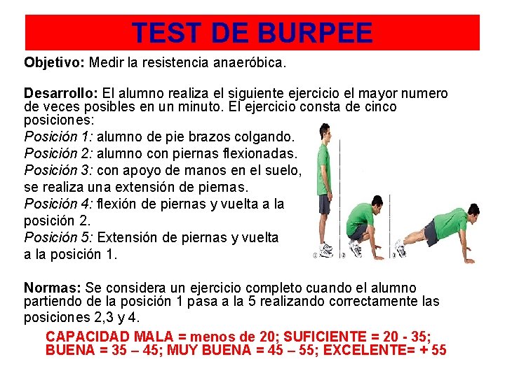 TEST DE BURPEE Objetivo: Medir la resistencia anaeróbica. Desarrollo: El alumno realiza el siguiente