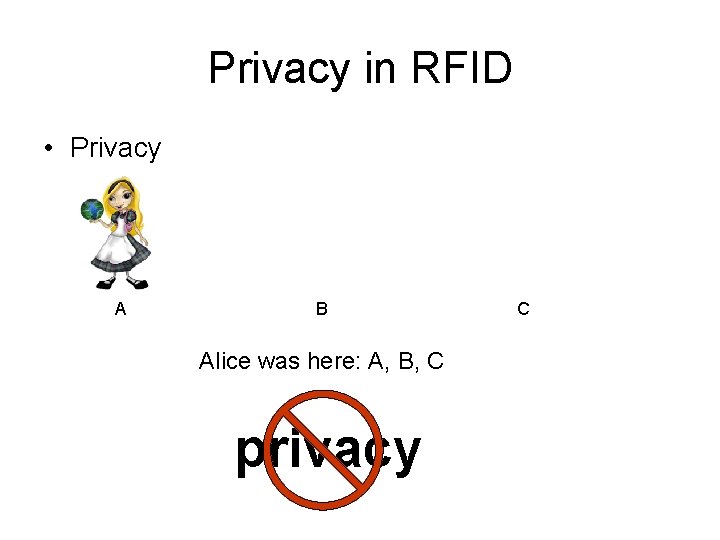 Privacy in RFID • Privacy A B Alice was here: A, B, C privacy