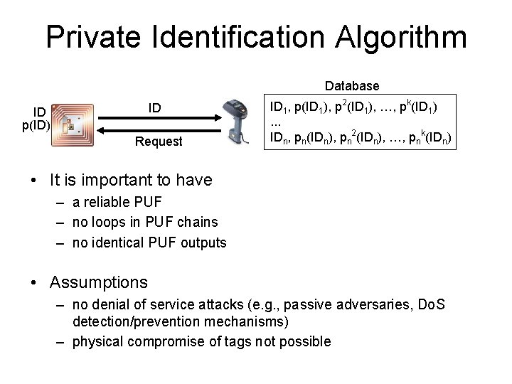 Private Identification Algorithm Database ID ID p(ID) Request ID 1, p(ID 1), p 2(ID