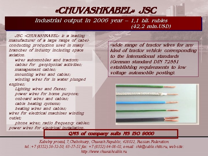  «CHUVASHKABEL» JSC Industrial output in 2006 year – 1, 1 bil. rubles (42,