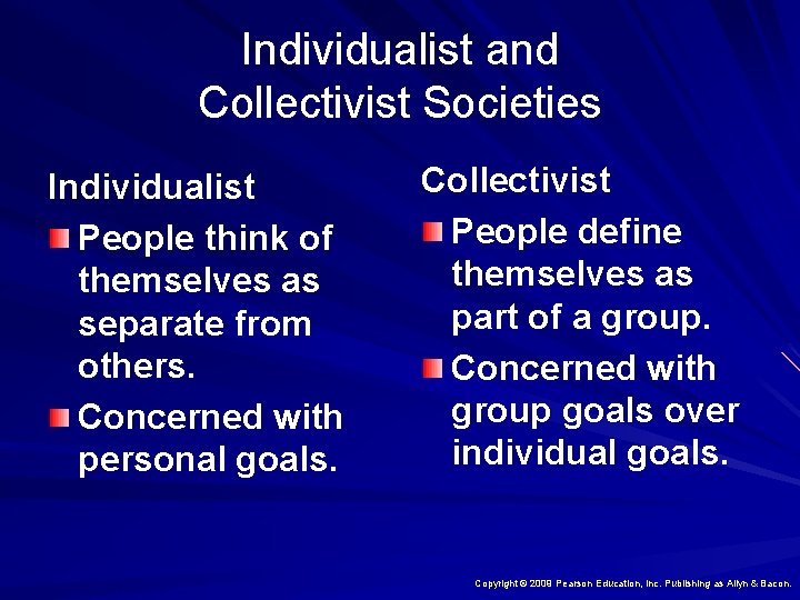 Individualist and Collectivist Societies Individualist People think of themselves as separate from others. Concerned