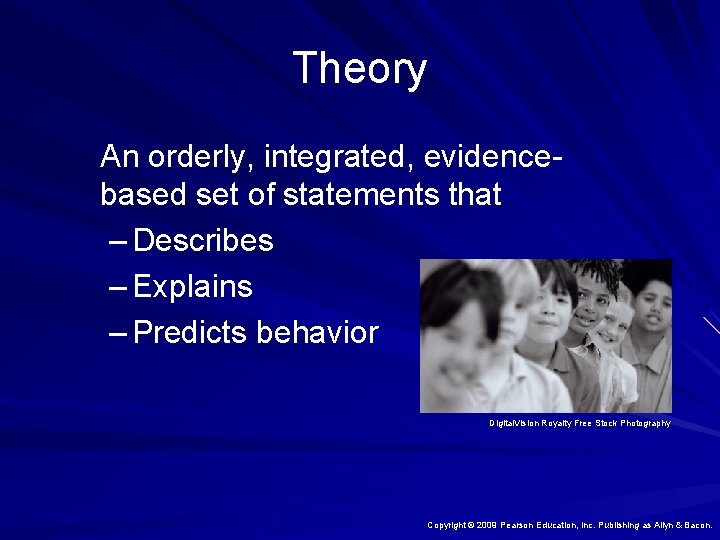 Theory An orderly, integrated, evidencebased set of statements that – Describes – Explains –