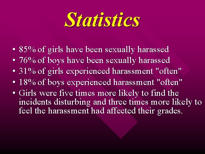 Statistics • • • 85% of girls have been sexually harassed 76% of boys