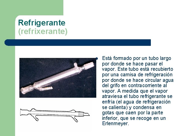 Refrigerante (refrixerante) l Está formado por un tubo largo por donde se hace pasar