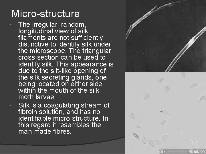 Micro-structure The irregular, random, longitudinal view of silk filaments are not sufficiently distinctive to