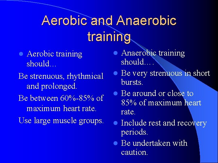 Aerobic and Anaerobic training Aerobic training should… Be strenuous, rhythmical and prolonged. Be between