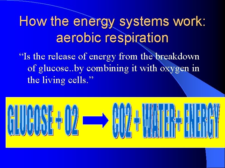 How the energy systems work: aerobic respiration “Is the release of energy from the