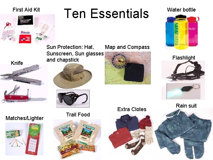 First Aid Kit Knife Matches/Lighter Ten Essentials Sun Protection: Hat, Map and Compass Sunscreen,