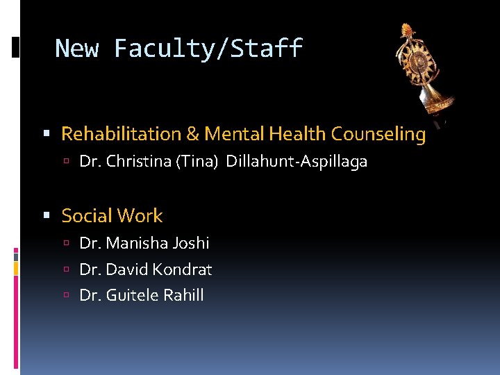 New Faculty/Staff Rehabilitation & Mental Health Counseling Dr. Christina (Tina) Dillahunt-Aspillaga Social Work Dr.