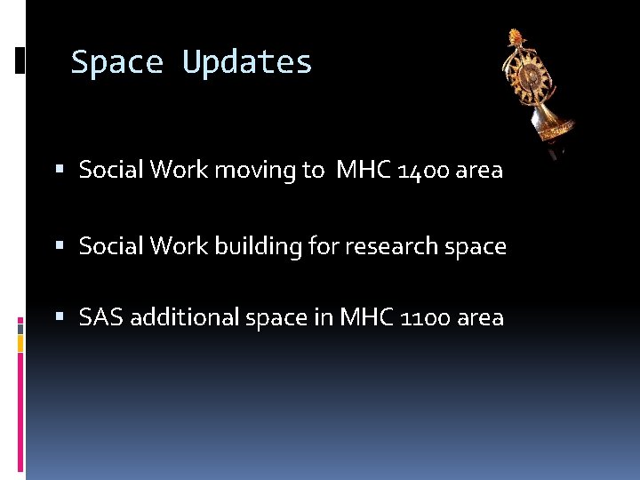 Space Updates Social Work moving to MHC 1400 area Social Work building for research