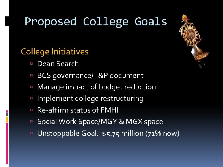 Proposed College Goals College Initiatives Dean Search BCS governance/T&P document Manage impact of budget