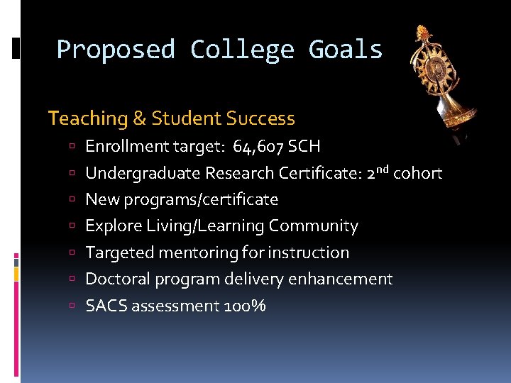 Proposed College Goals Teaching & Student Success Enrollment target: 64, 607 SCH Undergraduate Research