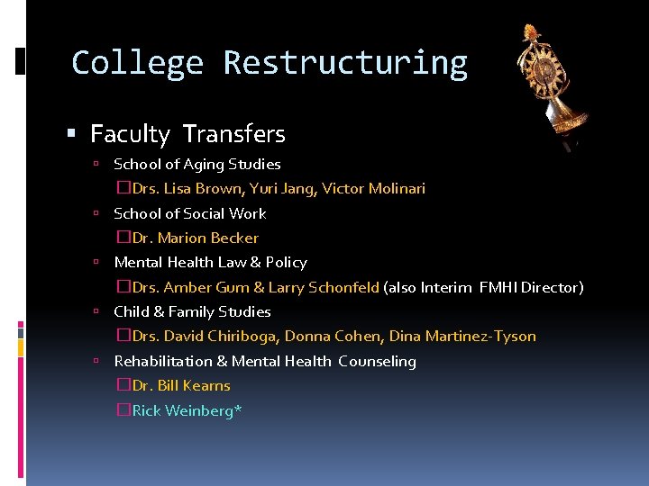 College Restructuring Faculty Transfers School of Aging Studies �Drs. Lisa Brown, Yuri Jang, Victor