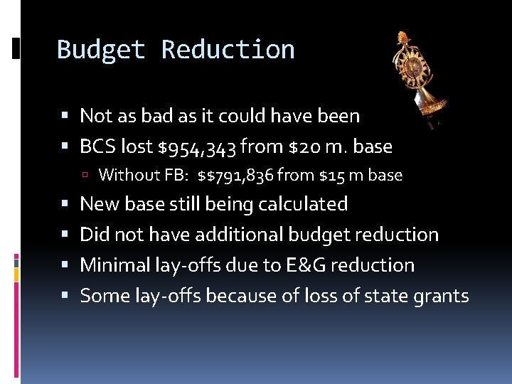 Budget Reduction Not as bad as it could have been BCS lost $954, 343