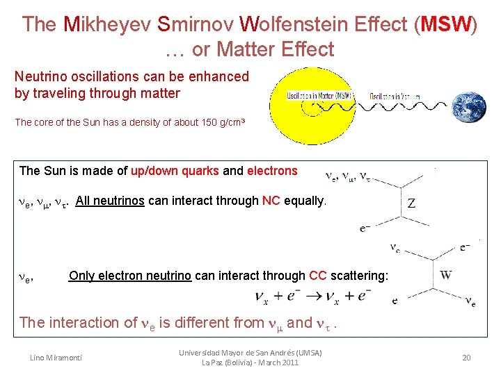 The Mikheyev Smirnov Wolfenstein Effect (MSW) … or Matter Effect Neutrino oscillations can be