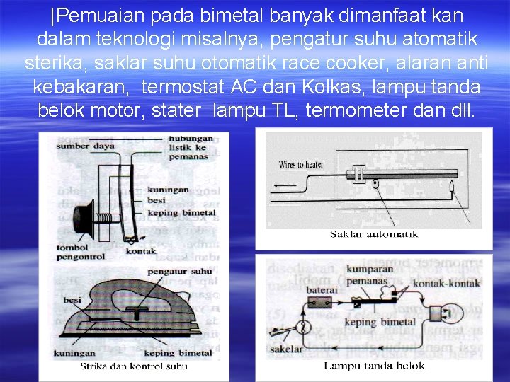 |Pemuaian pada bimetal banyak dimanfaat kan dalam teknologi misalnya, pengatur suhu atomatik sterika, saklar