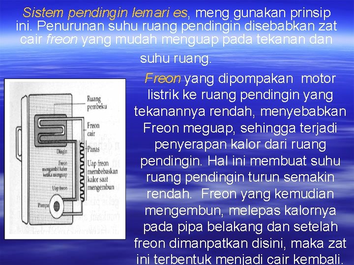 Sistem pendingin lemari es, meng gunakan prinsip ini. Penurunan suhu ruang pendingin disebabkan zat