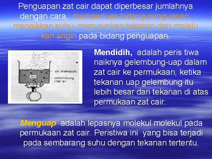 Penguapan zat cair dapat diperbesar jumlahnya dengan cara, memperluas bidang penguapan, menaikkan suhu, menurunkan