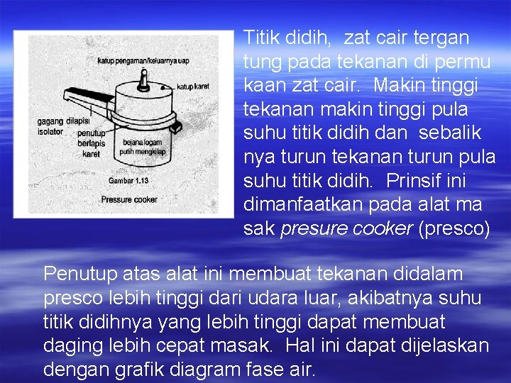 Titik didih, zat cair tergan tung pada tekanan di permu kaan zat cair. Makin