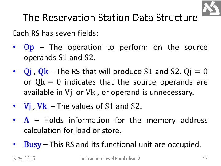 The Reservation Station Data Structure May 2015 Instruction-Level Parallelism 2 19 