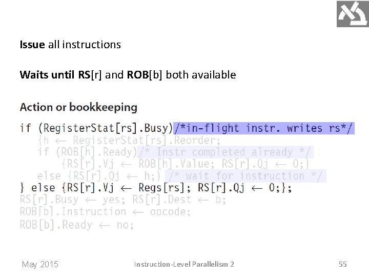 Issue all instructions Waits until RS[r] and ROB[b] both available May 2015 Instruction-Level Parallelism