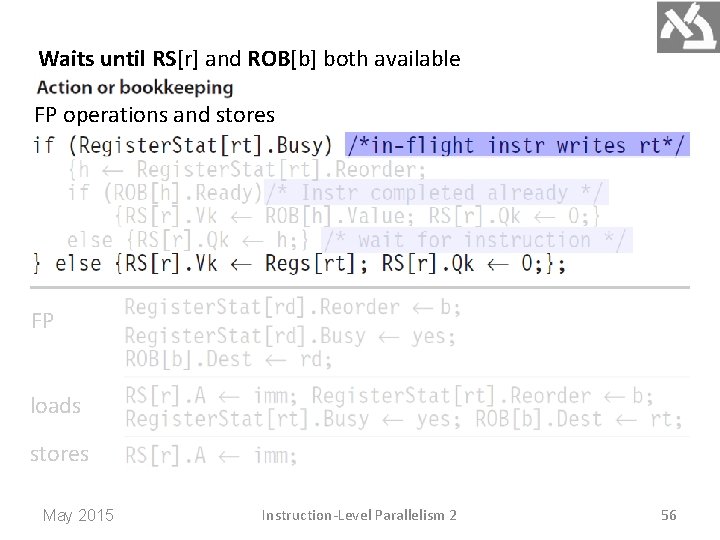 Waits until RS[r] and ROB[b] both available FP operations and stores FP loads stores