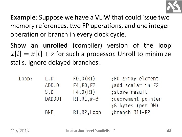 Example: Suppose we have a VLIW that could issue two memory references, two FP