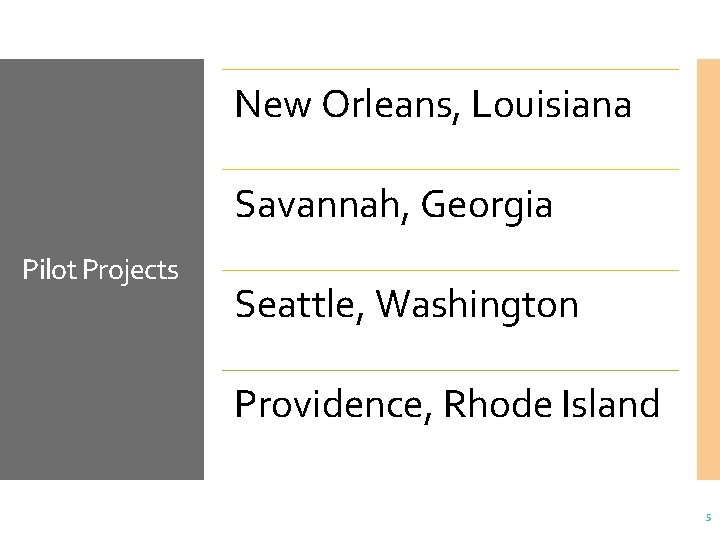 New Orleans, Louisiana Savannah, Georgia Pilot Projects Seattle, Washington Providence, Rhode Island 5 